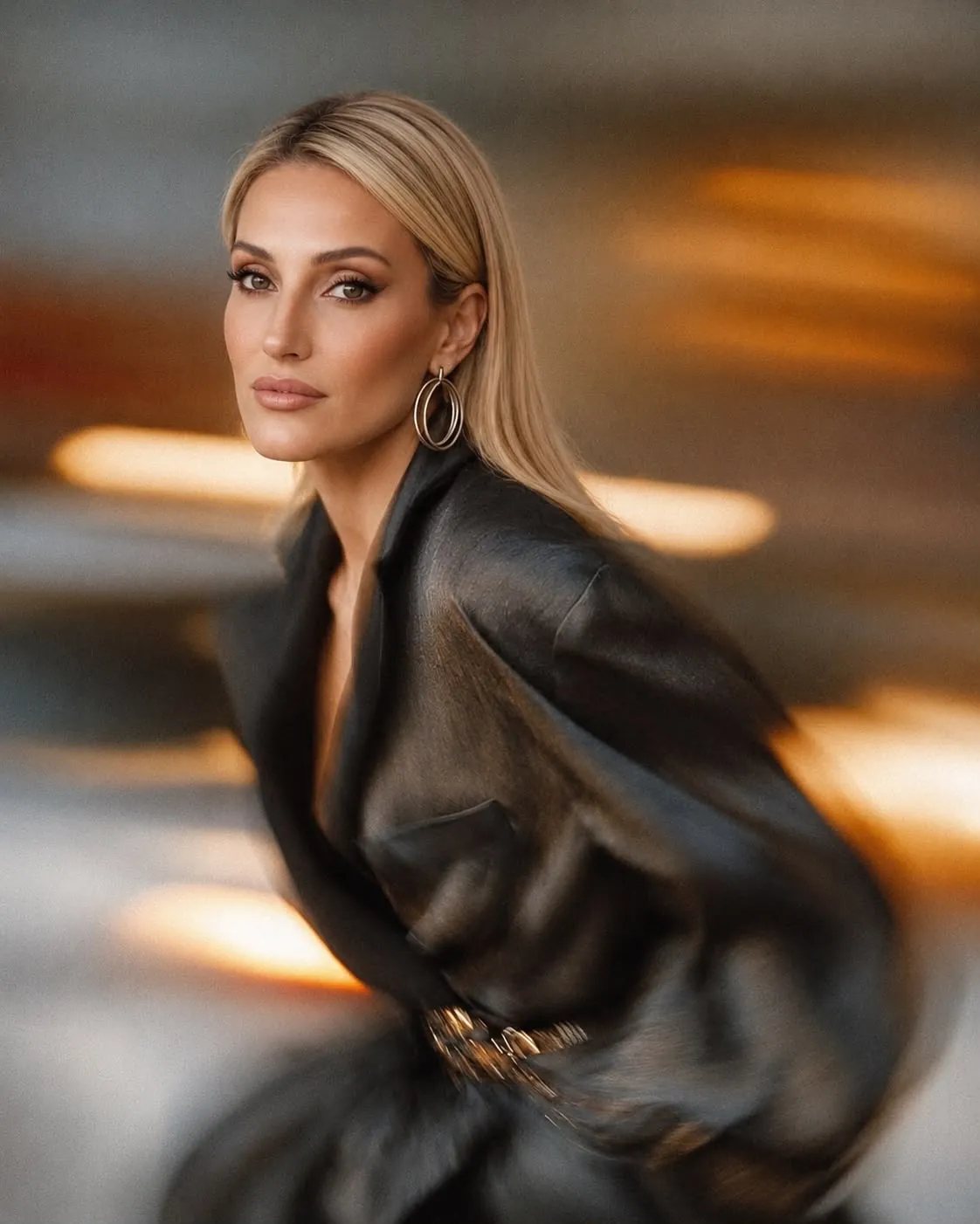 Bruna Malucelli de blazer de cetim preto, com luzes âmbar em movimento ao fundo